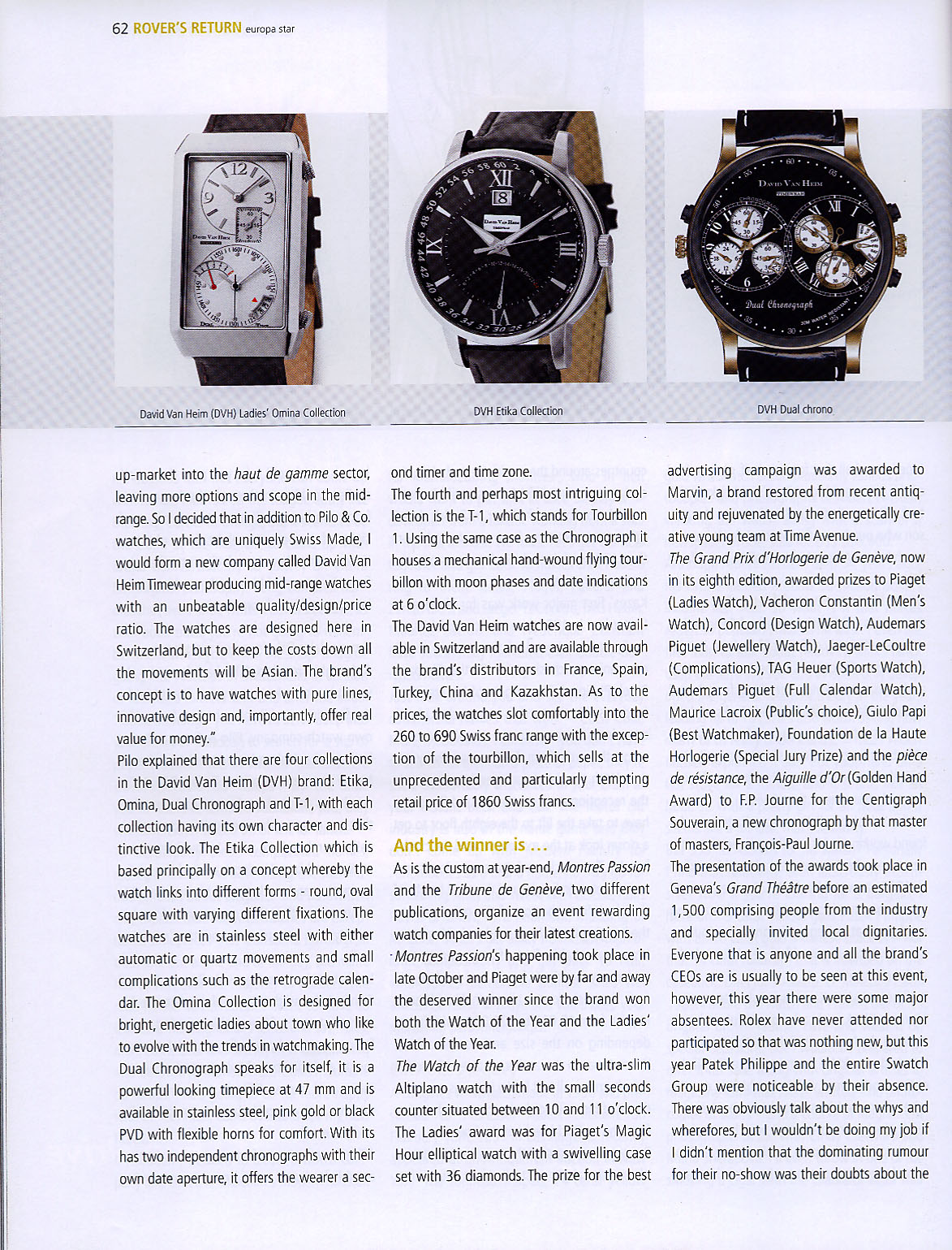 Watches featured in magazine article. David Van Heim Collections