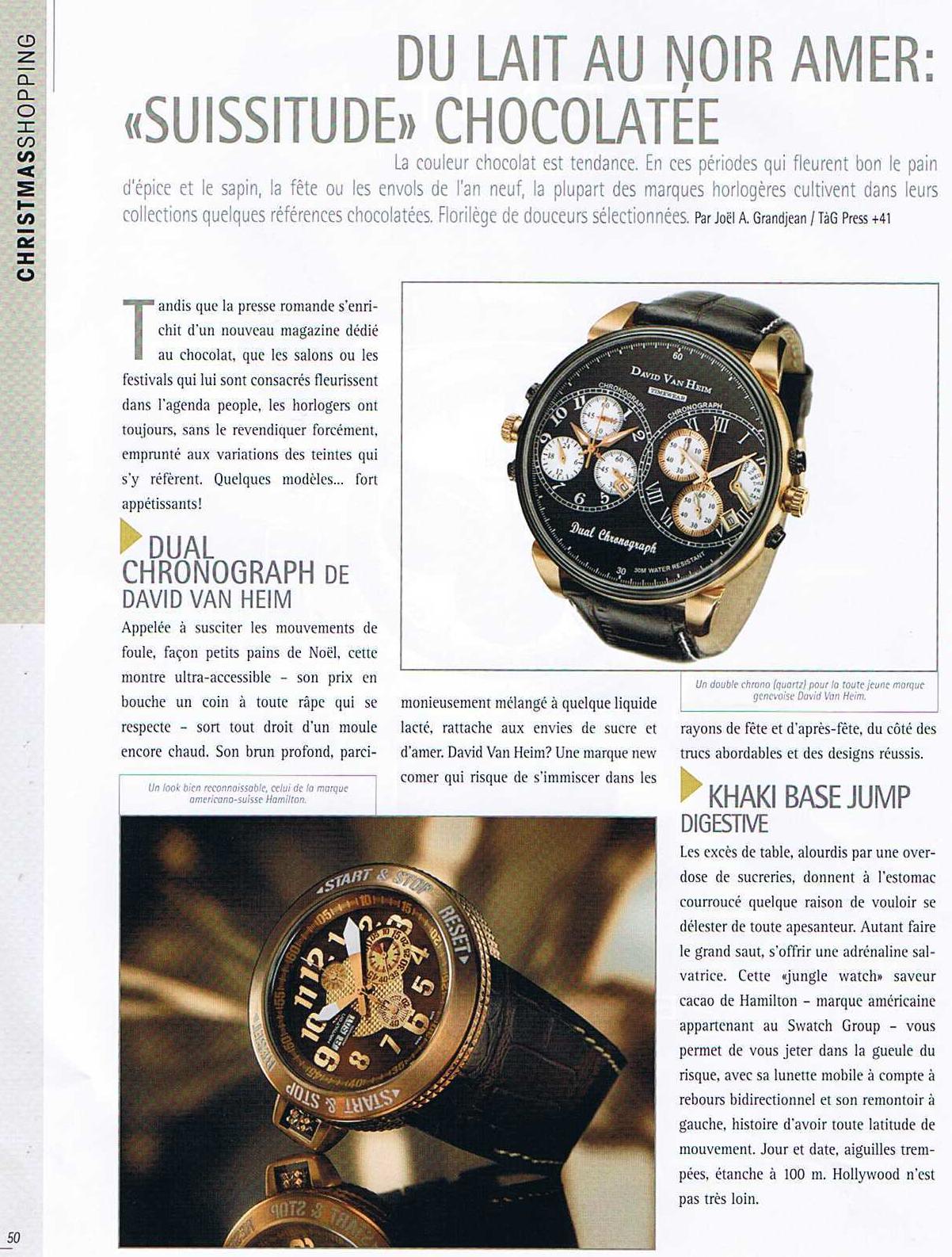 Magazine page featuring watches and chocolate fro the David Van Heim Dual Chrono