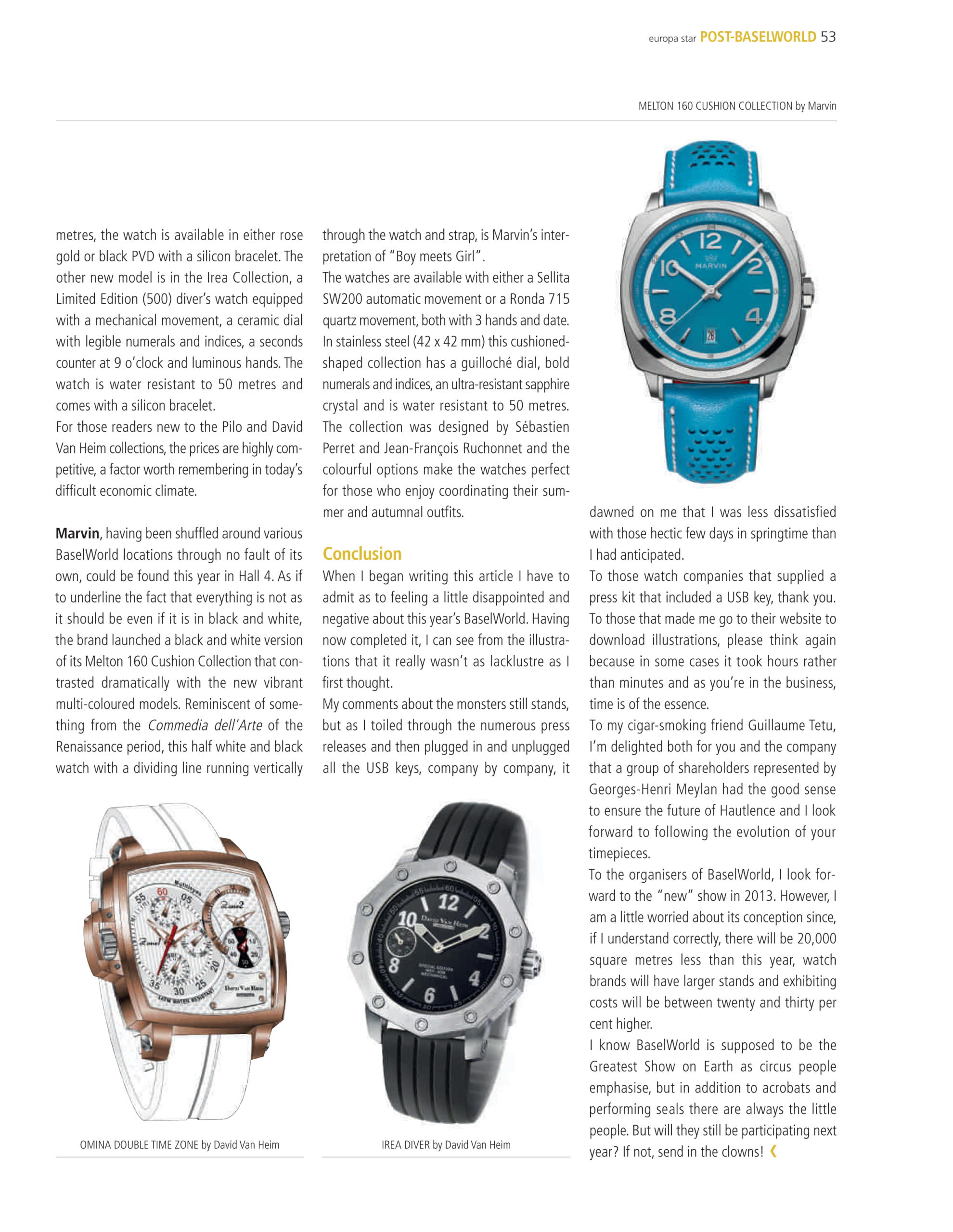 David Van Heim Watches showcased in a magazine article.
